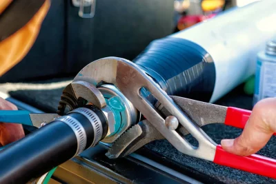 Technician repairing an industrial pipe connection in Moreno Valley