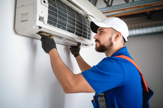 HVAC technician installing a mini split air conditioner in Moreno Valley