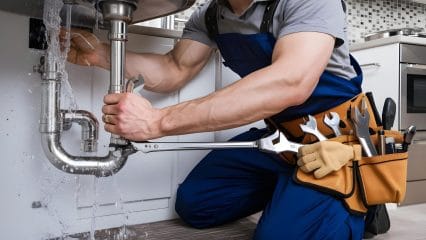 Plumber repairing pipes beneath a sink in Moreno Valley