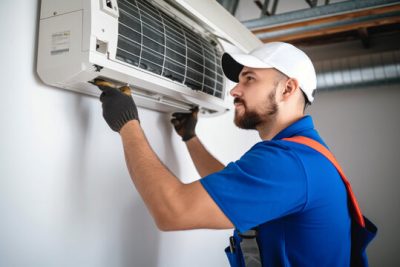 HVAC technician installing a mini split air conditioner in Moreno Valley