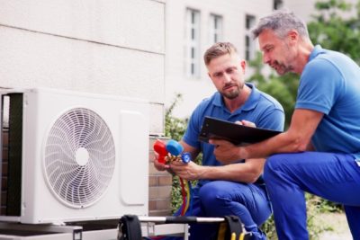 HVAC technicians installing an outdoor air conditioning unit in Moreno Valley